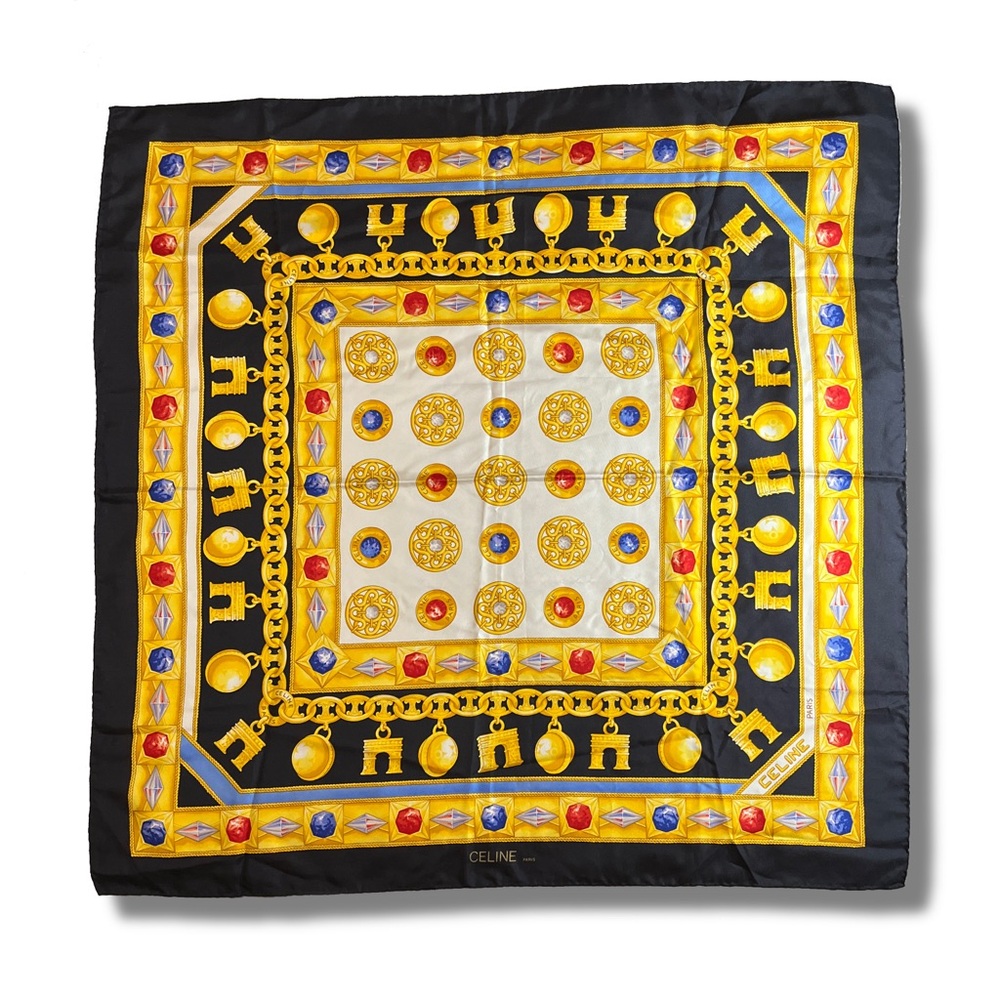 Vintage CELINE Triomphe Chain Silk Scarf Navy & Gold 34”